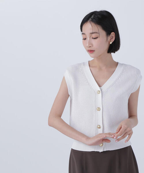 ベスト ジレ ゴールドボタンニットベスト レディース