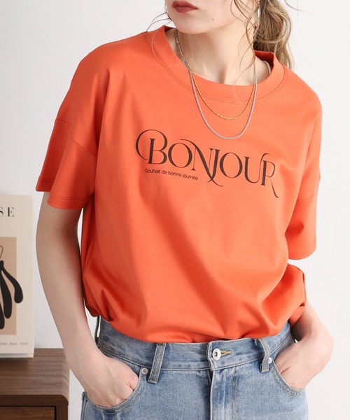 tシャツ BRODIAEA BONJOURロゴプリント半袖Tシャツ「日本製」 レディース