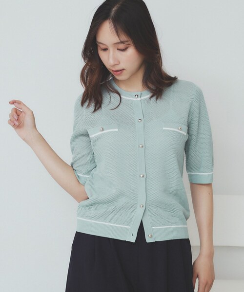 KAPITAL　スモッキング刺繍　半袖カーディガン　羽織り　カーキ　日本製　S index（インデックス） カーディガン 半袖 バイカラー半袖カーディガン