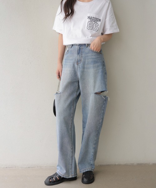 「COCOMOMO」 ダメージ加工デニムパンツ M ブルー レディース