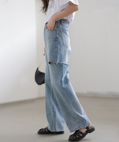 「COCOMOMO」 ダメージ加工デニムパンツ M ブルー レディース