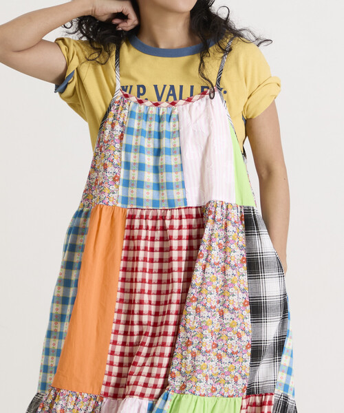 【シャケ太郎】Freada パッチワークリメイク　キャミワンピース　ドレス Freada（フリーダ） ワンピース パッチワーク三段ティアードキャミ