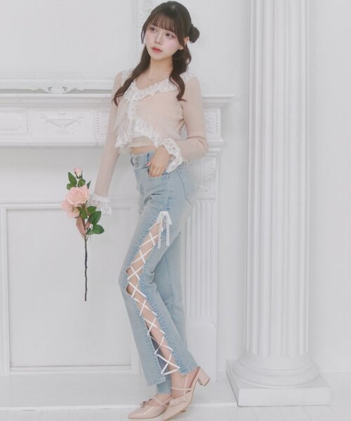 Side Lace-up Flare Denim ベルシャルム OLIVE des OLIVE（オリーブデオリーブ） ジーンズ デニム デニムパンツ