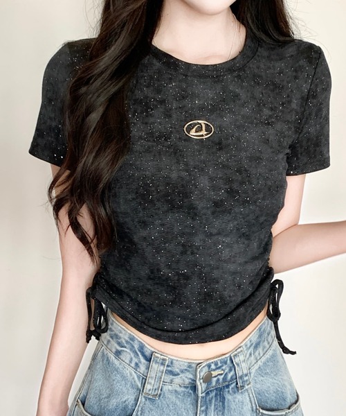Sibra（シブラ） tシャツ 半袖 きらきら 綿95％ラメサイドギャザー半袖