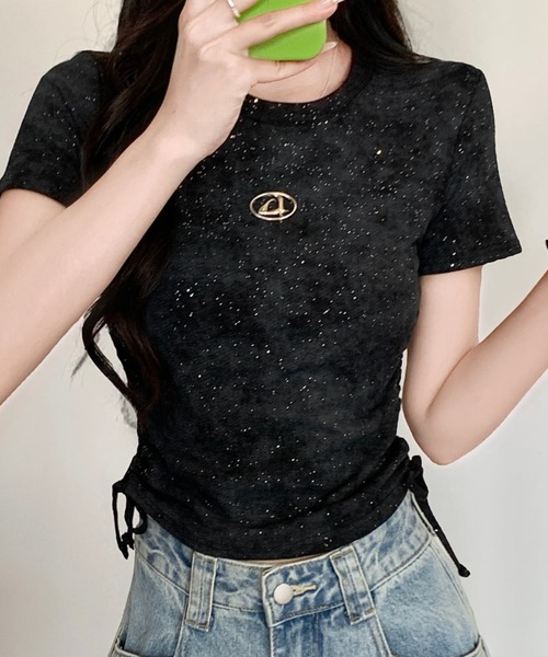 SACRA ラメシアー半袖トップス　黒 Sibra（シブラ） tシャツ 半袖 きらきら 綿95％ラメサイドギャザー半袖