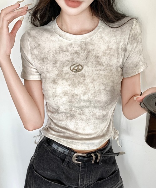 Sibra（シブラ） tシャツ 半袖 きらきら 綿95％ラメサイドギャザー半袖
