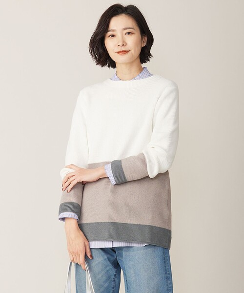 ニット セーター 「洗える」CLEAR COTTON BLEND カラーブロック ニット レディース