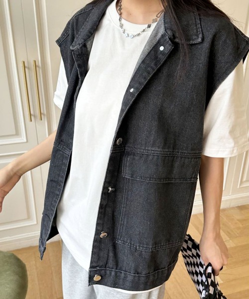 ベスト ジレ ゆるっとかわいい。ヴィンテージライクな デニム ビッグ ベスト ジレ ゆるっとかわいい。ヴィンテージライクな デニム ビッグ