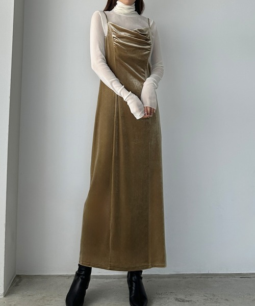 グッチ　レーヨン　ブラウン　タイト　キャミワンピース　ドレープ ルエレ Louere Louere タイトアシメストラップマーメイドキャミ