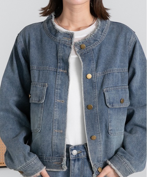 ad thie デニムジャケット gジャン ノーカラー フリンジ