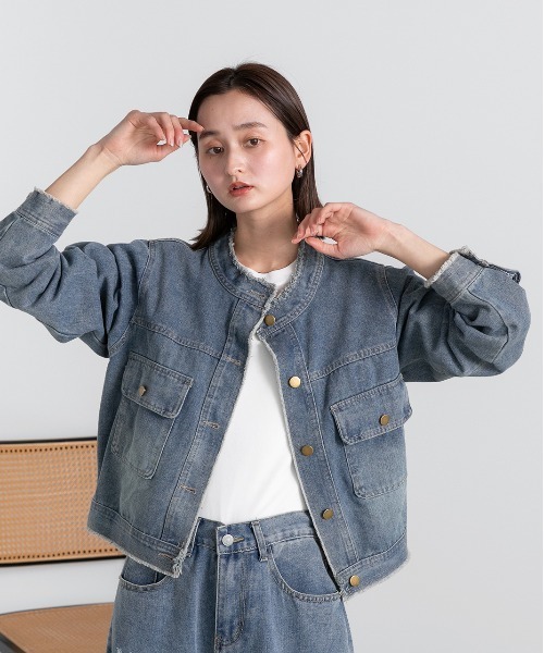 ad thie デニムジャケット gジャン ノーカラー フリンジ