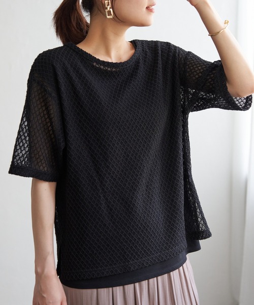 cccmalie レースカットソー　ネイビー　2枚セット ikka tシャツ 「雑誌InRed6月号掲載」レースアンサンブルプル