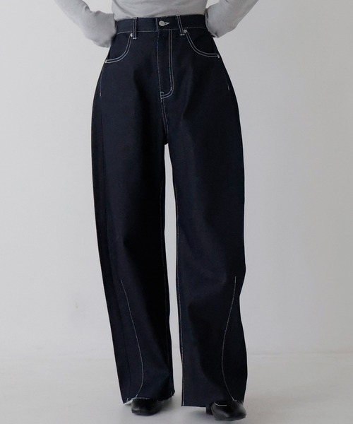 [hellam] обработка Denim брюки MEDIUM индиго голубой женский 