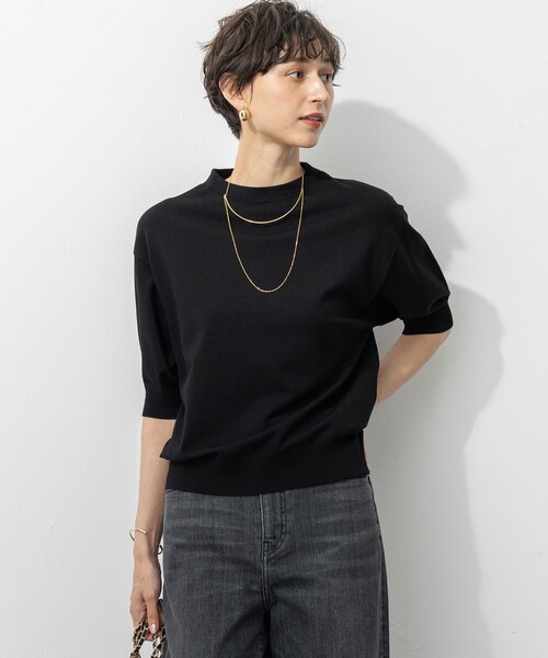 洗える　23区　パフスリーブ　ストレッチ　シンプル黒五分袖ニット サイズ38 23区 ニット セーター 「洗える/吊り干しOK」ヴィスコース