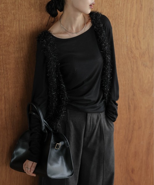 【新品未使用】インゲボルグ 黒 コサージュ付きシャギーニットベスト/2023年秋 ニット ドッキング シャギーニット[品番：SGBW0001884]｜SUGAR BISKET