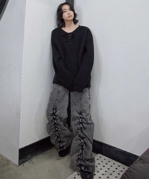ニット/セーター Big Lace-up Knit tops Heart Tattoo セーター ニット lace up BIG knit / レースアップBIG