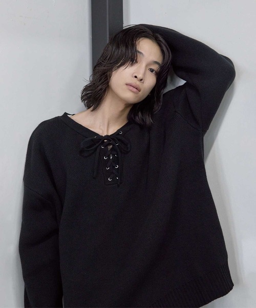 レース付き黒ニットセーター Heart Tattoo セーター ニット lace up BIG knit / レースアップBIG