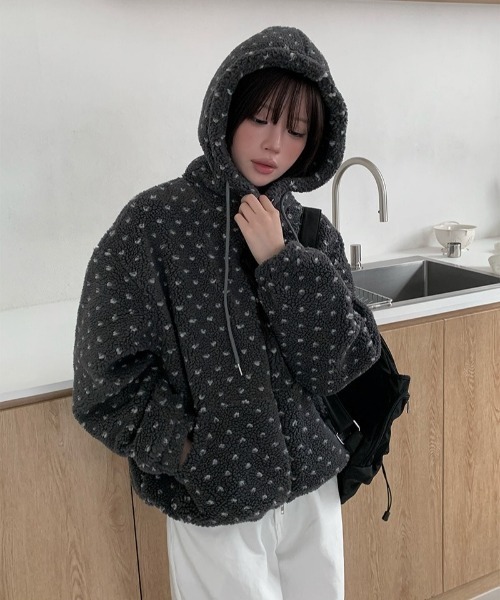anyonemore ブルゾン アウター ハート模様ドット柄フリースジップ