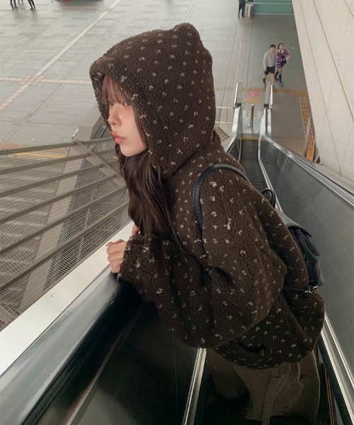 anyonemore ブルゾン アウター ハート模様ドット柄フリースジップ