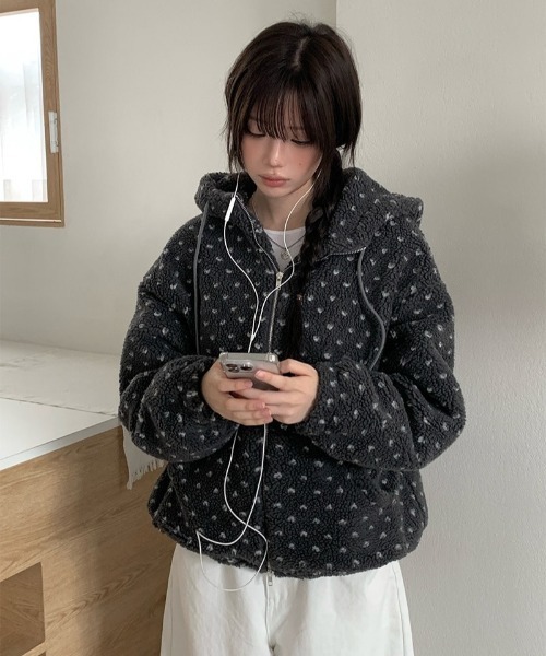 anyonemore ブルゾン アウター ハート模様ドット柄フリースジップ