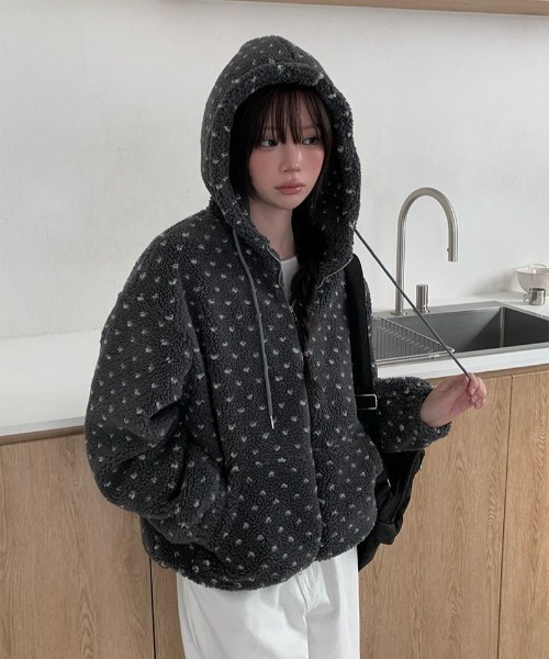 anyonemore ブルゾン アウター ハート模様ドット柄フリースジップ
