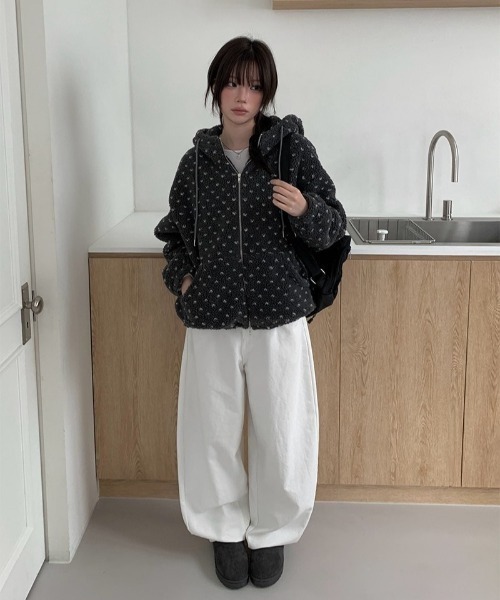 anyonemore ブルゾン アウター ハート模様ドット柄フリースジップ