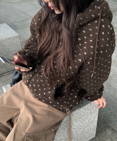 anyonemore ブルゾン アウター ハート模様ドット柄フリースジップ