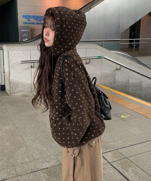 anyonemore ブルゾン アウター ハート模様ドット柄フリースジップ