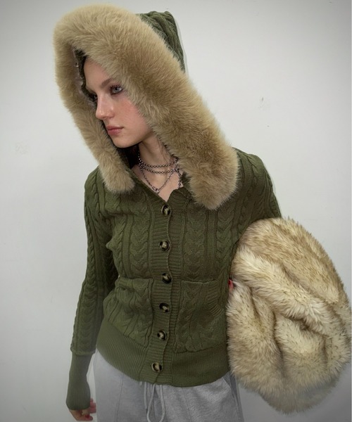 SHAGGIE（シャギー） カーディガン ファー付きケーブルフードニット