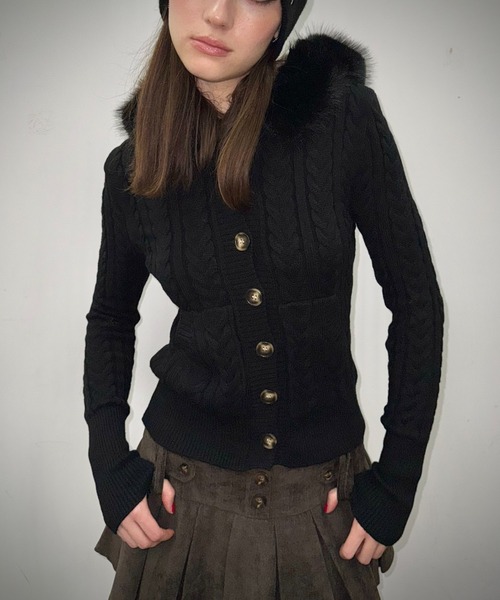 SHAGGIE（シャギー） カーディガン ファー付きケーブルフードニット