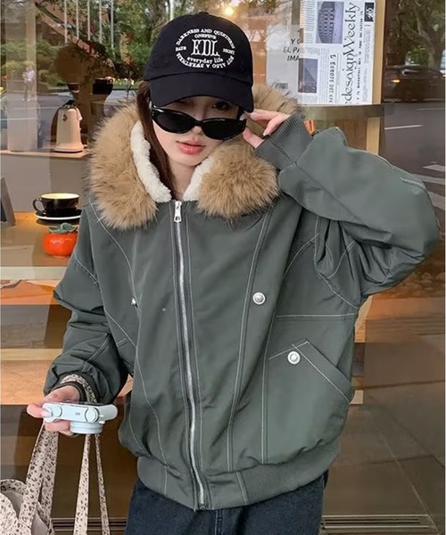 AsheKsha ブルゾン アウター 取り外し可能なファー付きフード付き防風