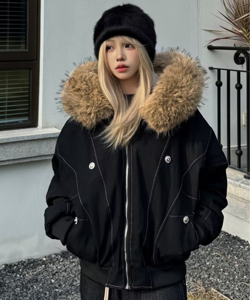 AsheKsha ブルゾン アウター 取り外し可能なファー付きフード付き防風