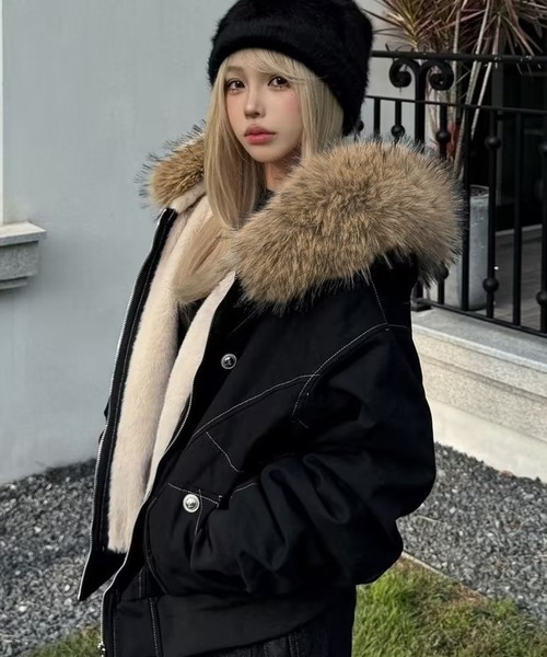 AsheKsha ブルゾン アウター 取り外し可能なファー付きフード付き防風