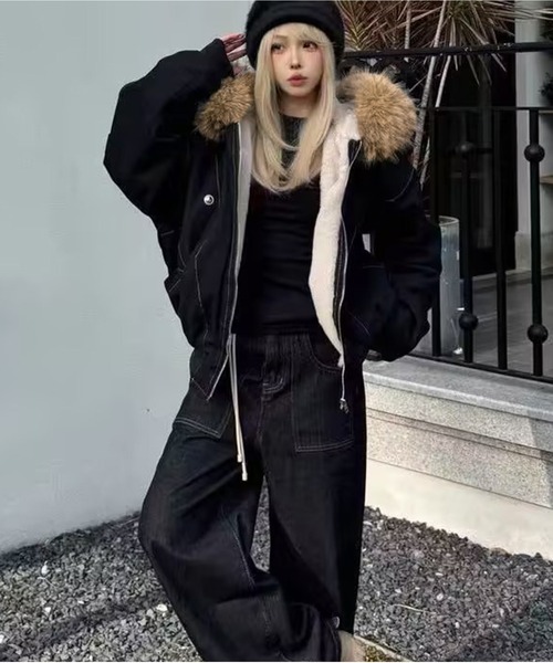 AsheKsha ブルゾン アウター 取り外し可能なファー付きフード付き防風