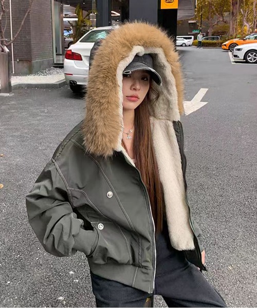 AsheKsha ブルゾン アウター 取り外し可能なファー付きフード付き防風