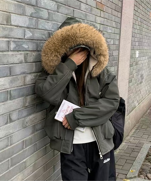 AsheKsha ブルゾン アウター 取り外し可能なファー付きフード付き防風