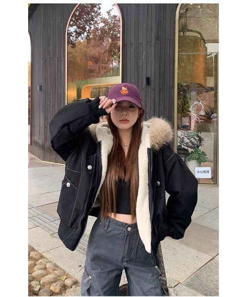 AsheKsha ブルゾン アウター 取り外し可能なファー付きフード付き防風