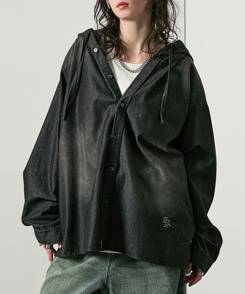 リブ編みフード付きシャツ ブラック シャツ 「Alfred Alex」ヴィンテージライク オーバーサイズ デニム