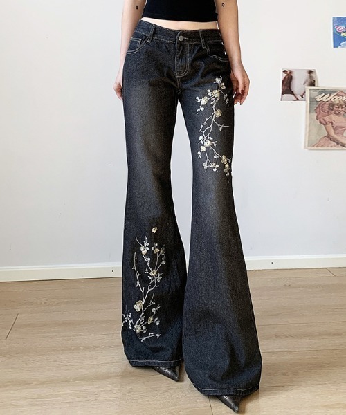 ワイドパンツ ジーンズ デニム デニムパンツ フラワー刺繍フレアデニム 