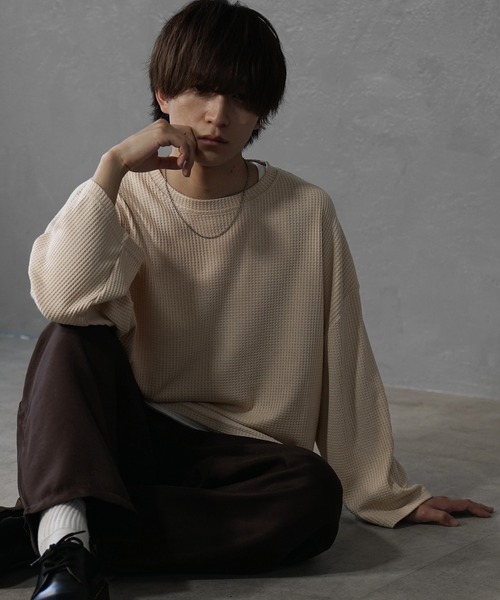 tシャツ 「MinoriTY」ワッフルラウンドオーバーサイズロンT 長袖Tシャツ カットソー メンズ 秋服 ルーズフィット ビッグシルエット メンズ | MinoriTY | 01
