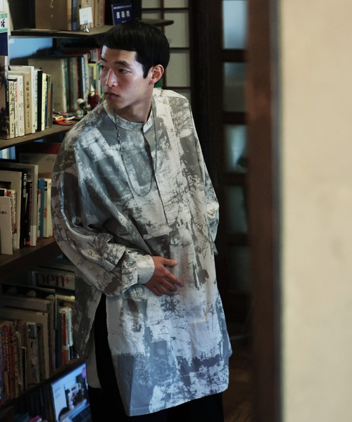 chuclla★スリットマントスリーブ　ロングシャツ Aphlotus シャツ 麻混 スタンドカラー サイドスリット パフスリーブ