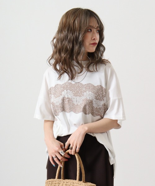 tシャツ BRODIAEA ローズペトール加工　レースプリントTシャツ レディース