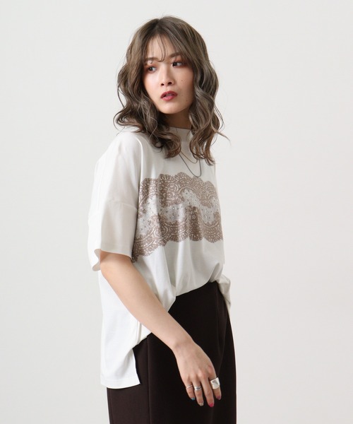 tシャツ BRODIAEA レーヨン素材プリントプルオーバー レディース tシャツ BRODIAEA フラワー線画プリント 極サラTシャツ