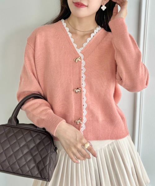 Loueme カーディガン リボンボタンレーストリムニットカーデ