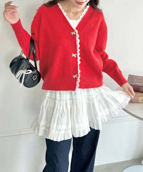 Loueme カーディガン リボンボタンレーストリムニットカーデ