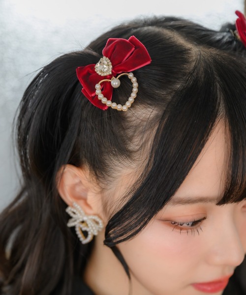 ROJITA ヘアクリップ ハートパールベロアリボンクリップSET