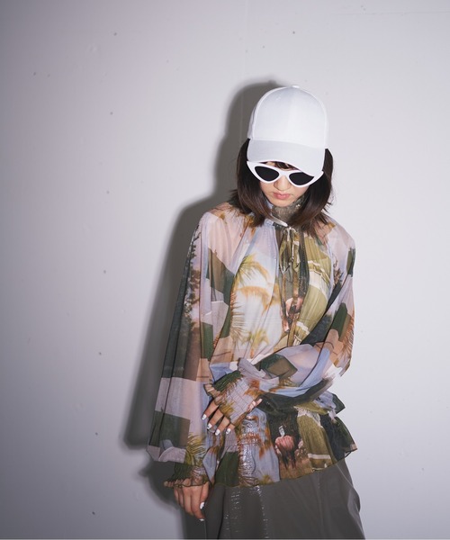 ブラウス シャツ shirring ribbon print tulle blouse レディース