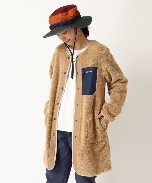 コロンビア ノーカラー ロングコートXL Columbia Columbia（コロンビア） ノーカラーコート M ブラウン レディース