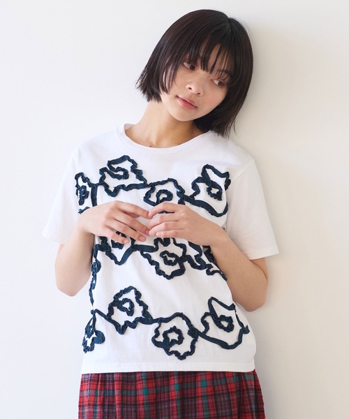 tシャツ Dots Ribbon Deco T レディース bulle de savon tシャツ くるくるはなテープ刺繍Tシャツ