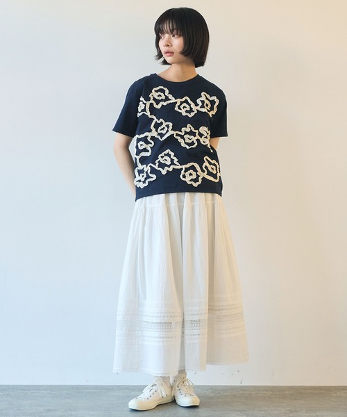 tシャツ くるくるはなテープ刺繍Tシャツ レディース AMBIDEX Store △〇 くるくるはなテープ刺繍 Tシャツ(F シロ